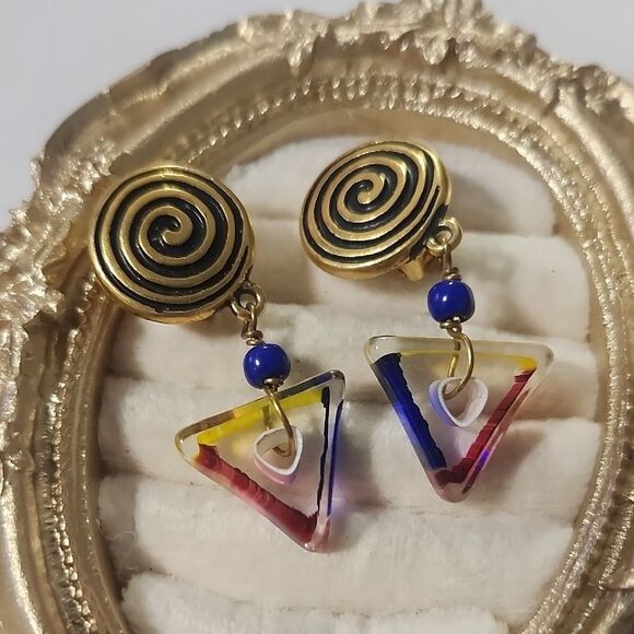 Matte Gold Clip On Earrings with Multicolor Glass Accent Drop - Picture 4 of 6